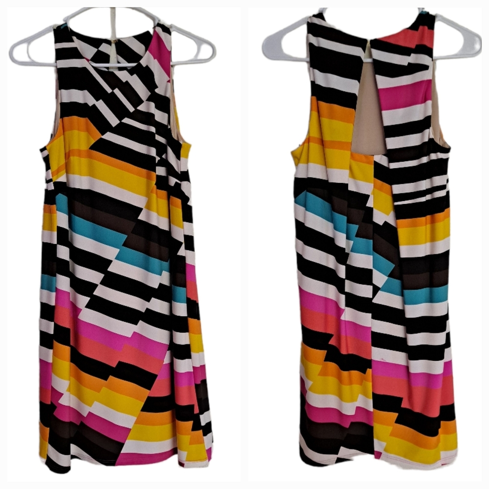 Trina Turk lined multicolored stripped sleeveless dress with back cut out